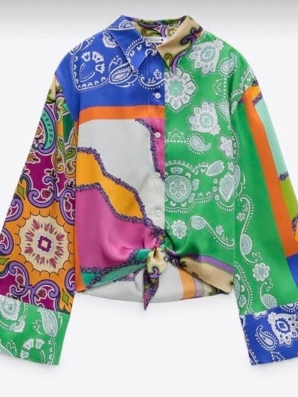 Zara Multicolor Patchwork Paisley Satin Long Sleeve Tie-Front Boho Retro Top XL
